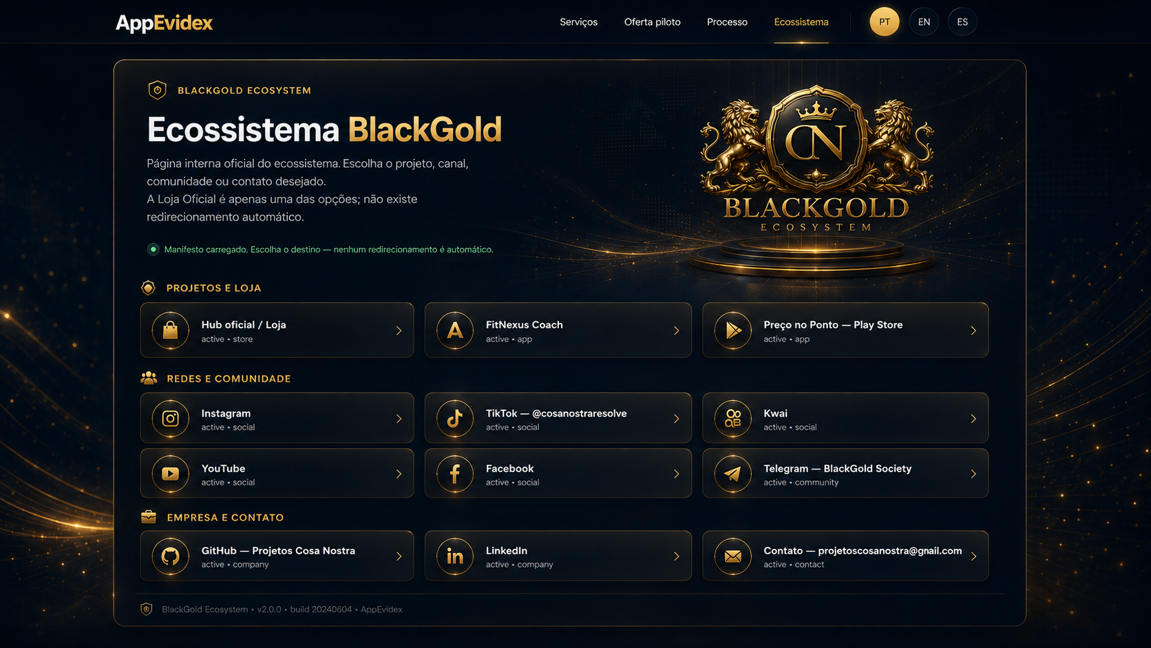 Ecossistema BlackGold — layout premium aprovado
